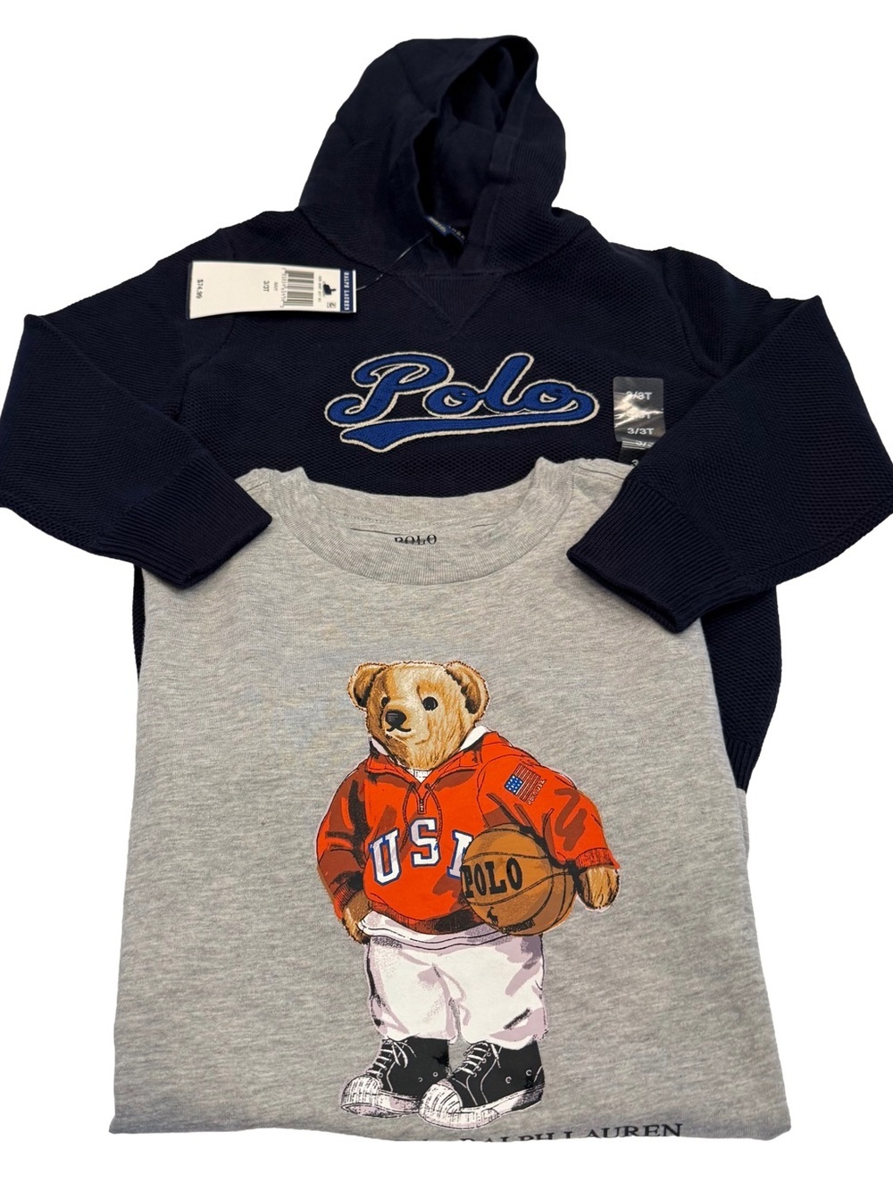 Polo Ralph Lauren Boys 2 PCS Set Polo Bear Tee Shirt And Navy Hoodie Sz 3T NWT